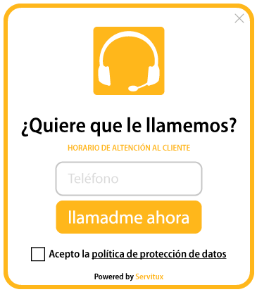 Ventana de Click2Call: «¿Quiere que le llamemos?», con campo de teléfono y botón «llamadme ahora»