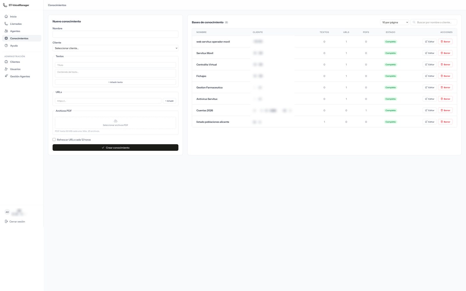 Bases de conocimiento con sus textos, direcciones web y documentos PDF