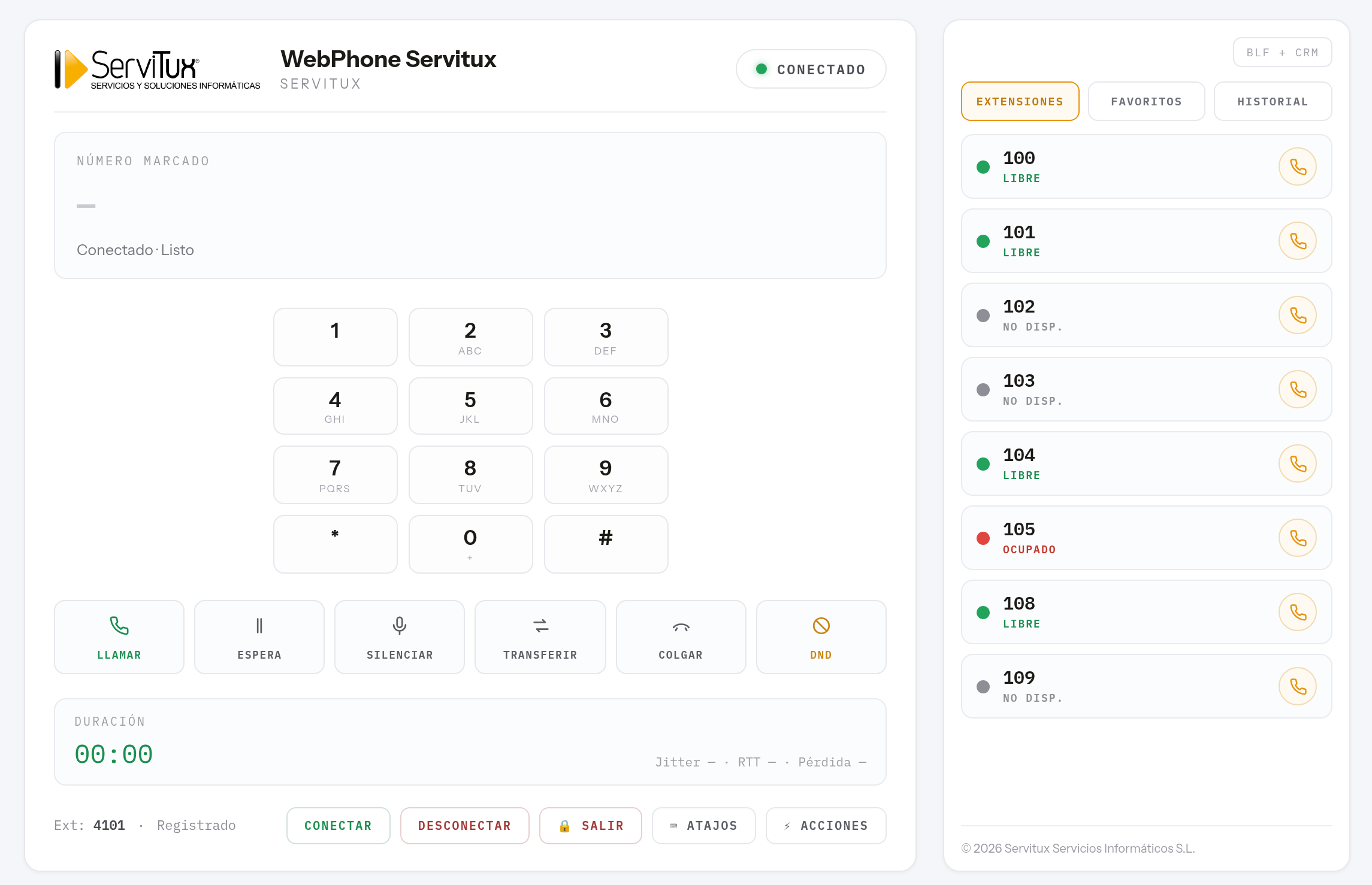 WebPhone de Servitux en el navegador: teclado de marcación con los botones de llamar, espera, silenciar, transferir, colgar y no molestar, contador de duración de la llamada con jitter, RTT y pérdida, y a la derecha el panel BLF con el estado de las extensiones (libre, ocupada o no disponible)